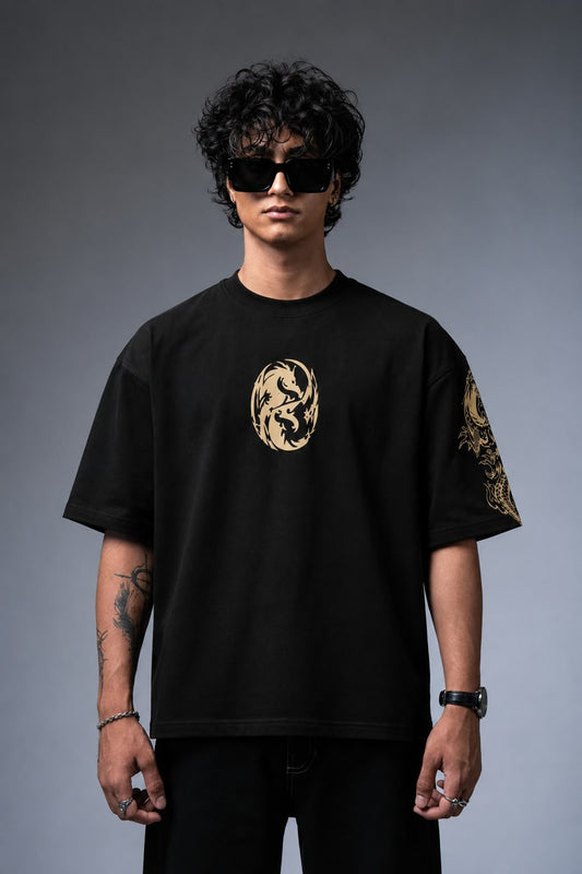 Japanese Dragon Puff Print Oversized Tee