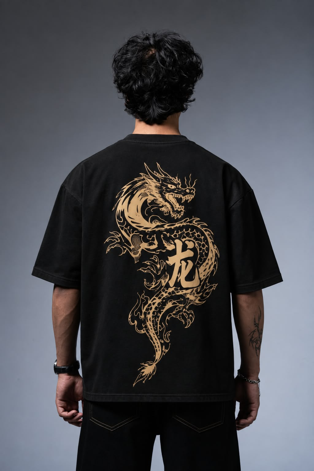Japanese Dragon Puff Print Oversized Tee